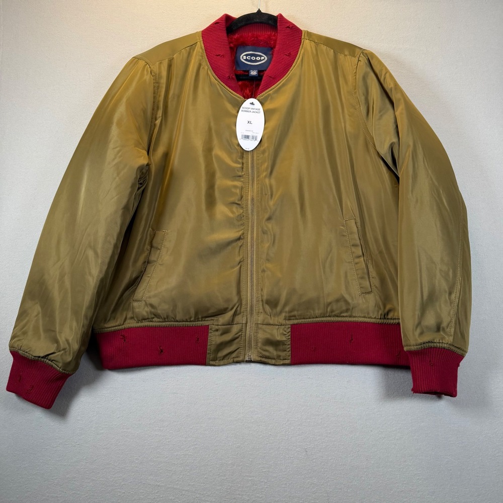 Scoop Vintage‎ Bomber Jacket Army Green Red Faux Fur Lining XL 3Q902N1637A1026